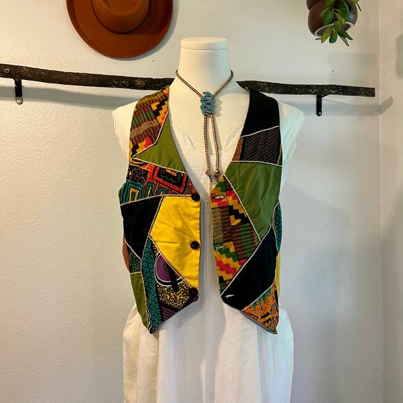 Handmade Boho Indie Vintage Patchwork Single Button Fitted Vest Size XS/Small - Picture 2 of 11